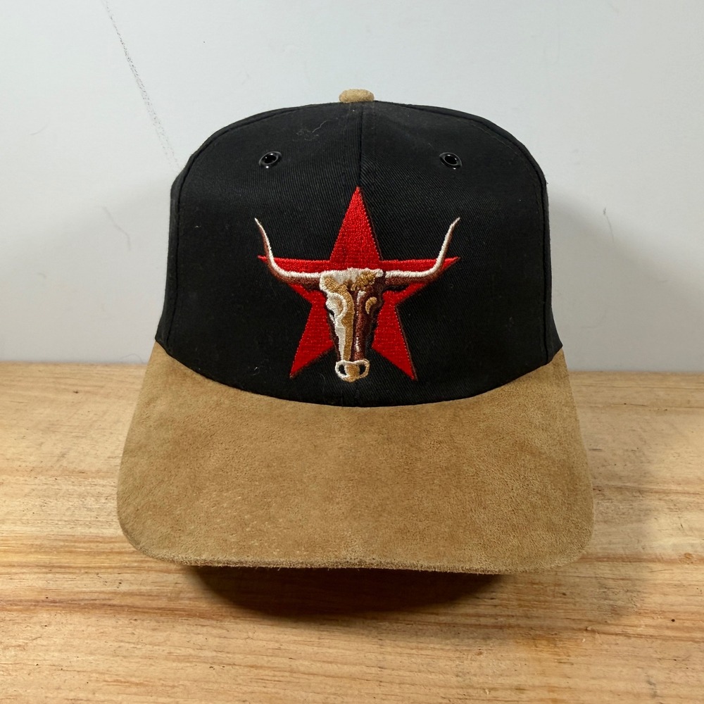 Marlboro Snapback Hat OSFA Black Tan Vtg Leather Brim Longhorn Star Adventure
